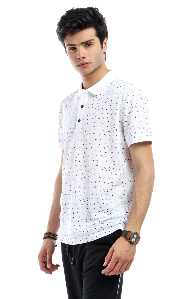 53782 Random Patterns Buttoned Neck White Polo Shirt