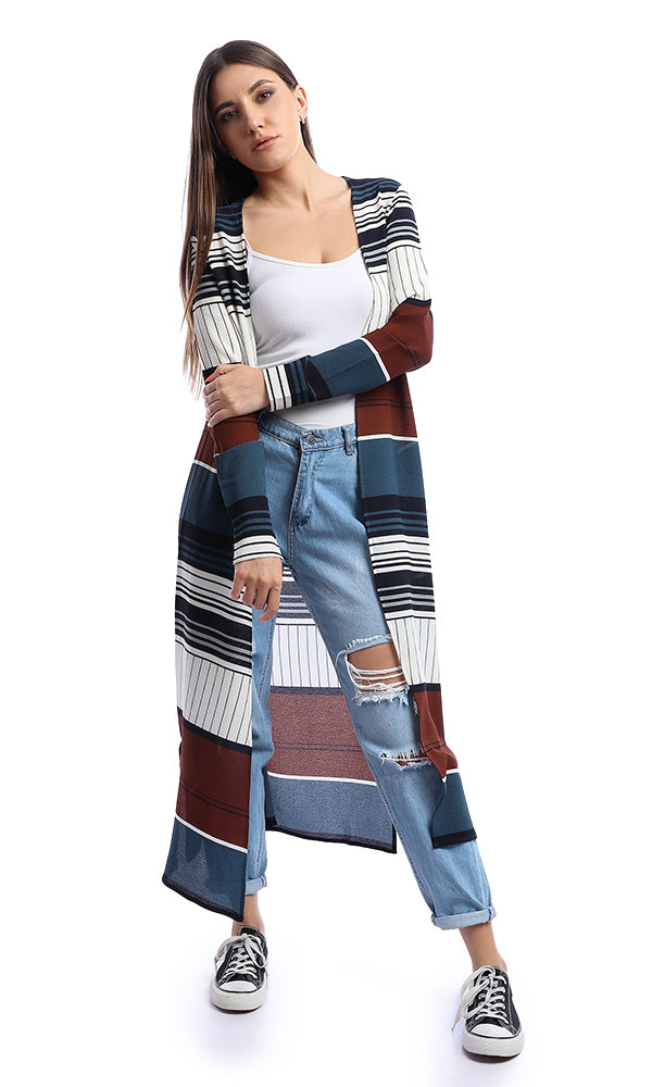 53789 Stripe Long Navy Blue Cardigan