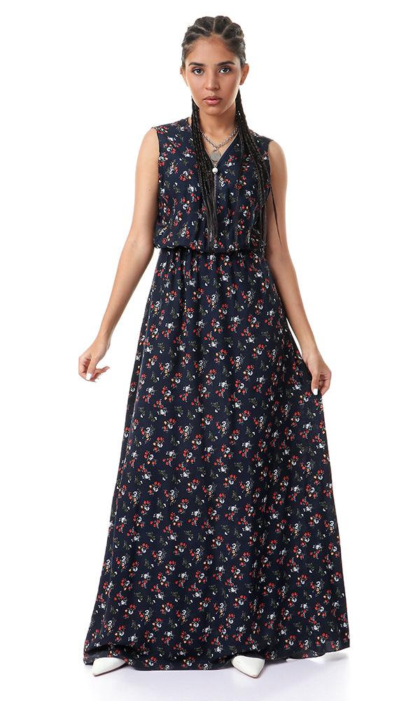 53853 Sleeveless Floral Navy Blue Zipped Maxi Dress - Ravin 