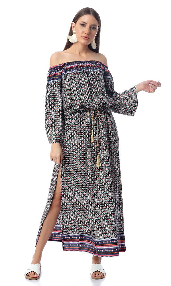 53858 Patterned Off-Shoulders Multicolour Maxi Dress With Slits - Ravin 