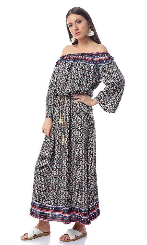 53858 Patterned Off-Shoulders Multicolour Maxi Dress With Slits - Ravin 