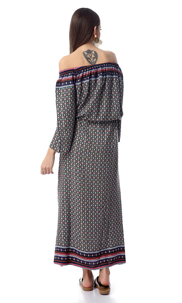53858 Patterned Off-Shoulders Multicolour Maxi Dress With Slits - Ravin 