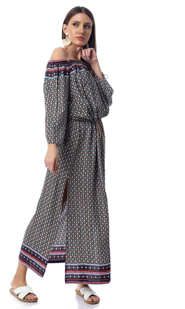 53858 Patterned Off-Shoulders Multicolour Maxi Dress With Slits - Ravin 