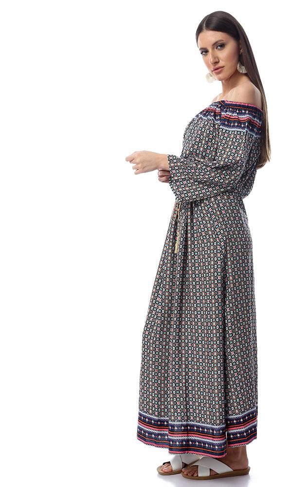 53858 Patterned Off-Shoulders Multicolour Maxi Dress With Slits - Ravin 