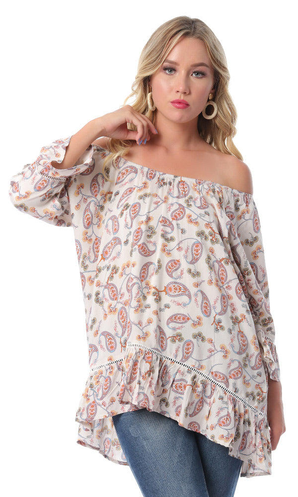 53987 Paisley Off-Shoulders Hi-Low Off-White Top