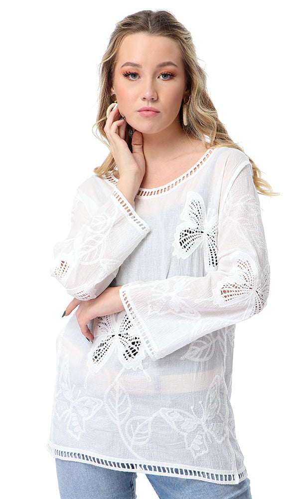 53996 Perforated Butterfly Full Sleeves White Top