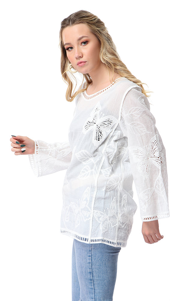 53996 Perforated Butterfly Full Sleeves White Top