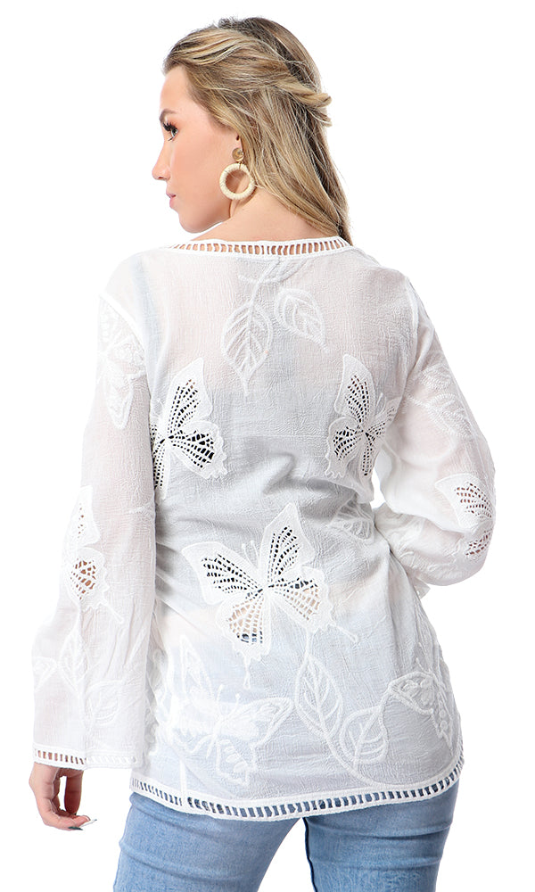 53996 Perforated Butterfly Full Sleeves White Top