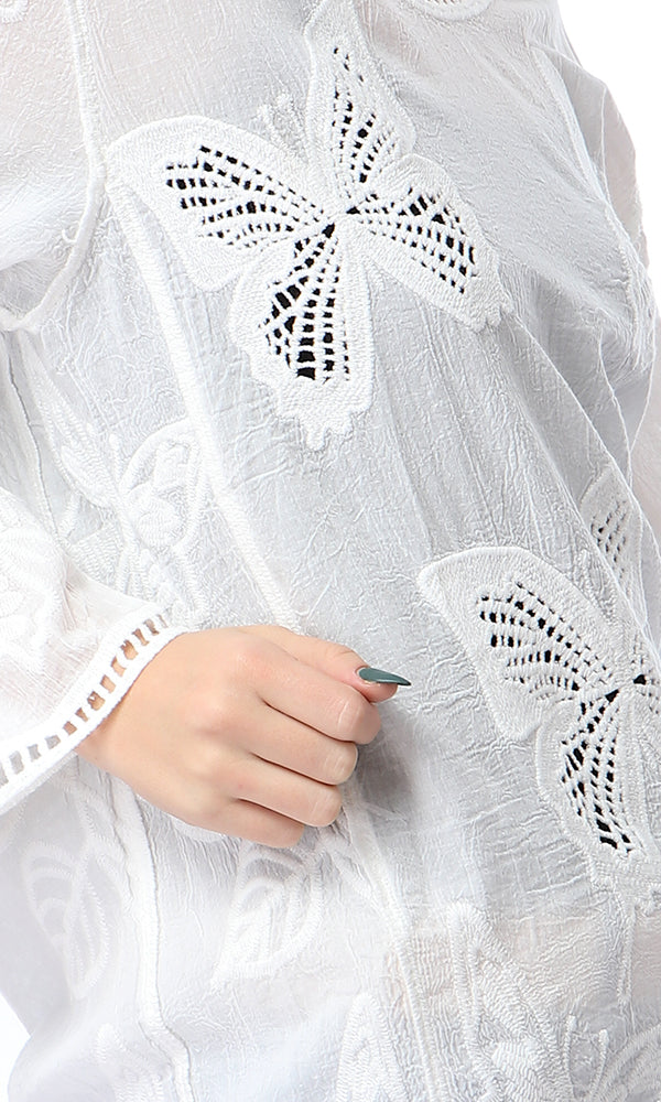 53996 Perforated Butterfly Full Sleeves White Top