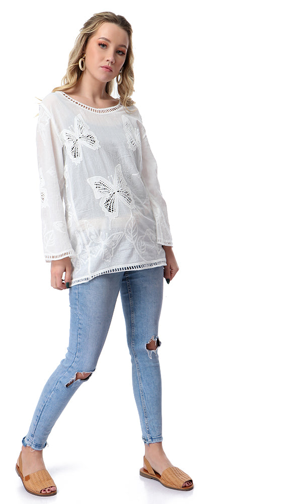 53996 Perforated Butterfly Full Sleeves White Top