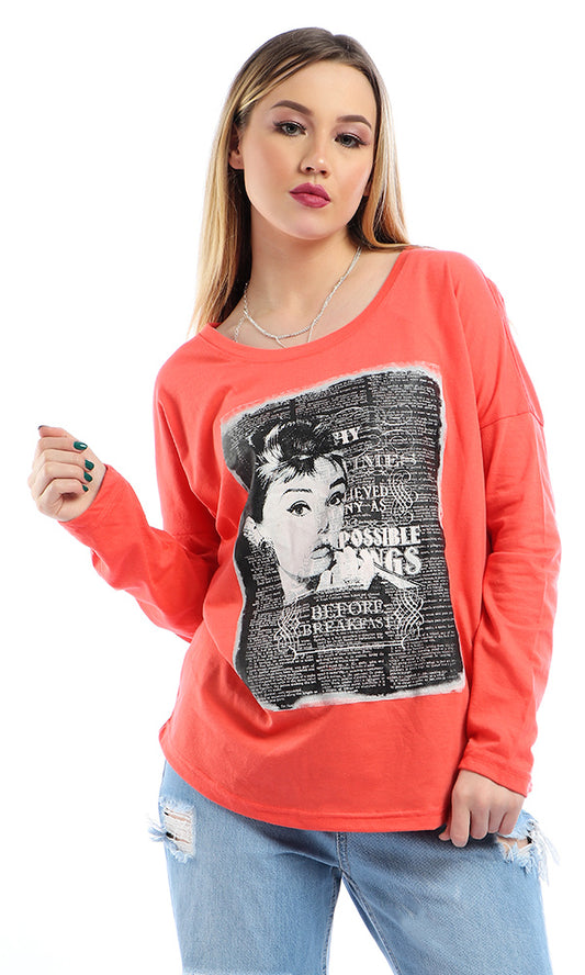 54011 Round Neck Printed Long Sleeves Loose T-Shirt - Tomato