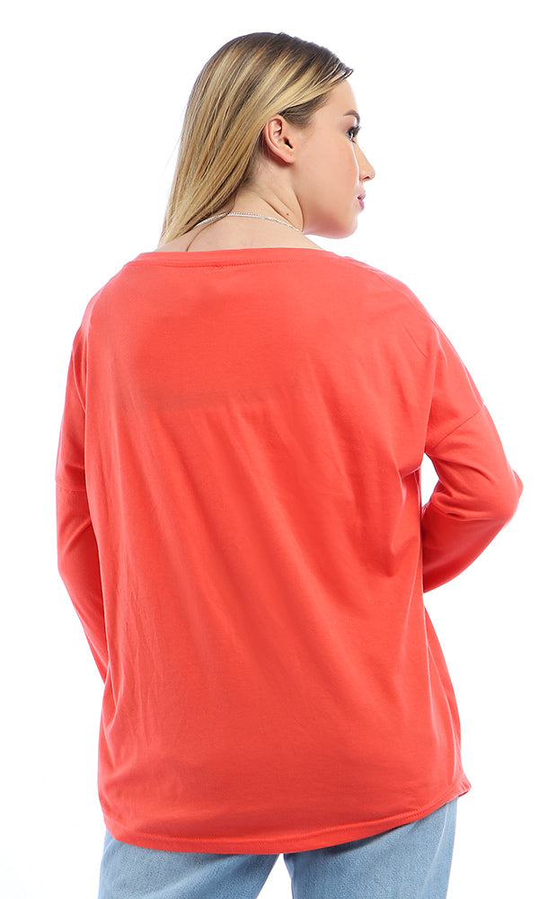 54011 Round Neck Printed Long Sleeves Loose T-Shirt - Tomato