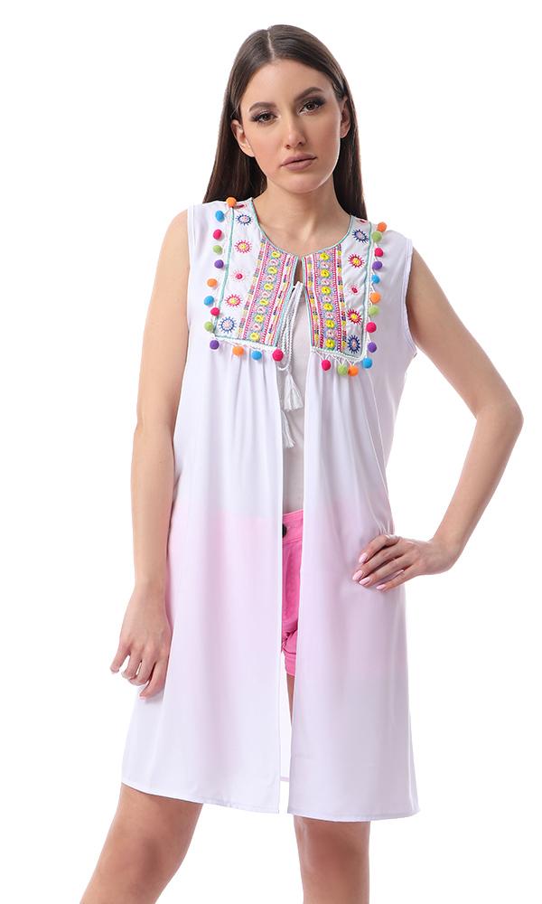 54025 Fluffy Sleeveless Colorful Poom Poom White Cardigan - Ravin 