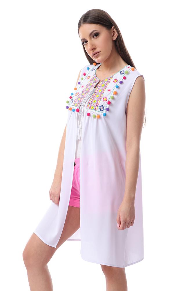 54025 Fluffy Sleeveless Colorful Poom Poom White Cardigan - Ravin 