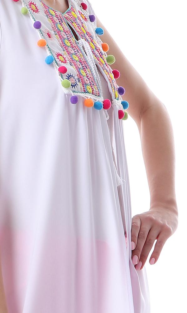 54025 Fluffy Sleeveless Colorful Poom Poom White Cardigan - Ravin 