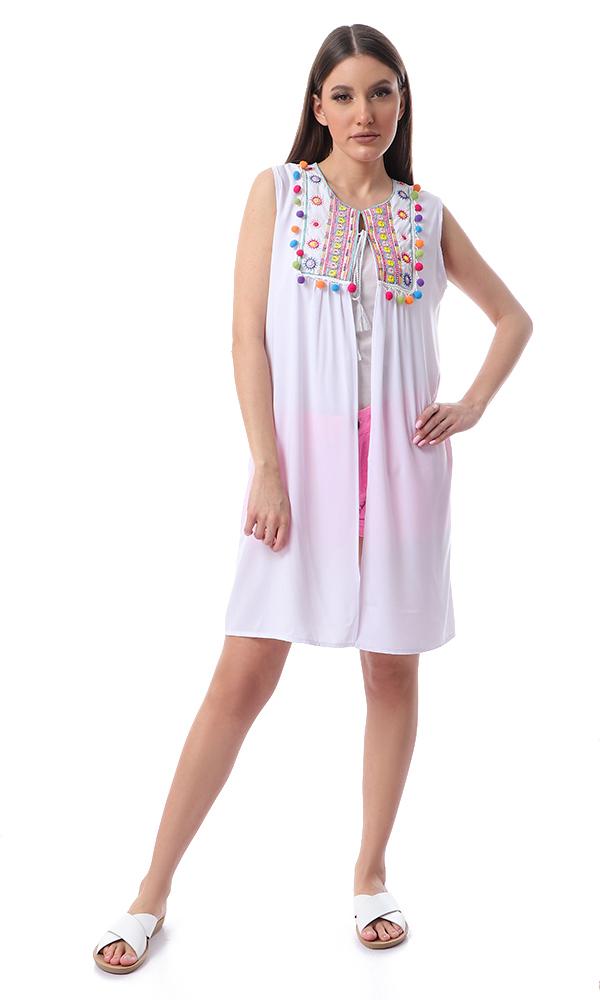 54025 Fluffy Sleeveless Colorful Poom Poom White Cardigan - Ravin 