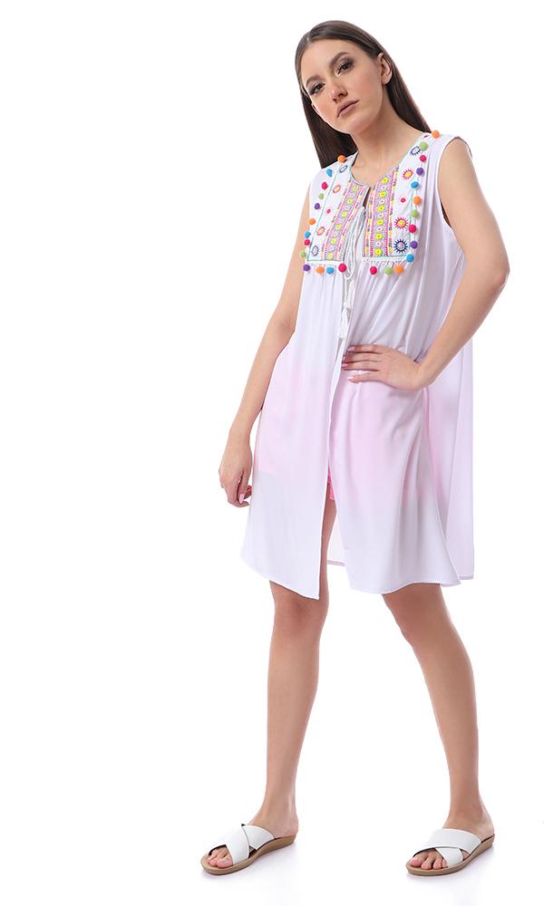 54025 Fluffy Sleeveless Colorful Poom Poom White Cardigan - Ravin 