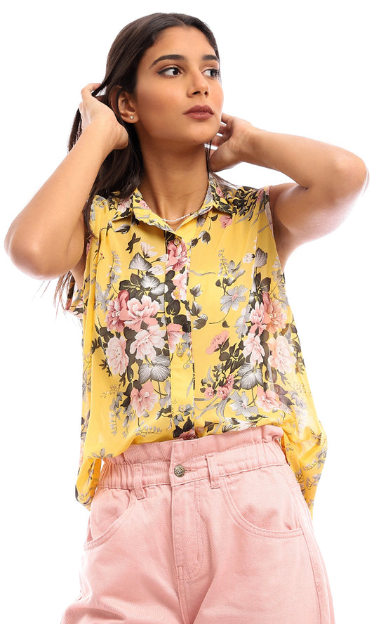 54032 Floral Classic Neck Sleeveless Shirt - Yellow