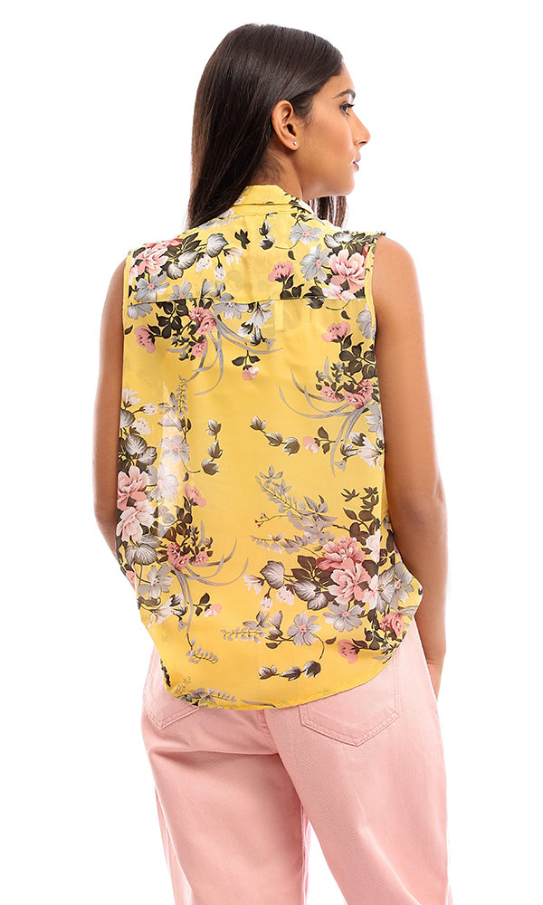 54032 Floral Classic Neck Sleeveless Shirt - Yellow