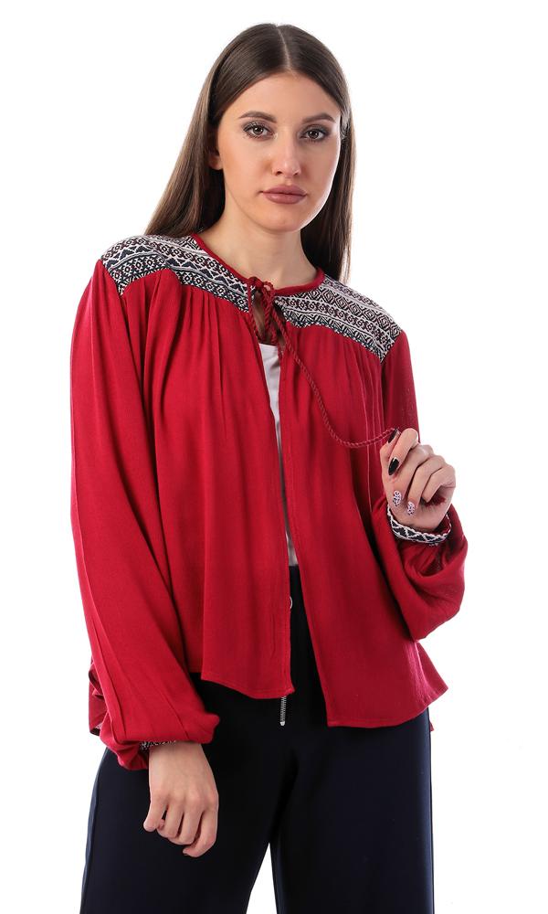 54051 Embroidered Shoulders Dark Red Fluffy Cardigan - Ravin 