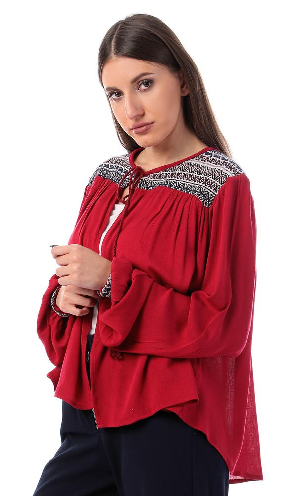 54051 Embroidered Shoulders Dark Red Fluffy Cardigan - Ravin 