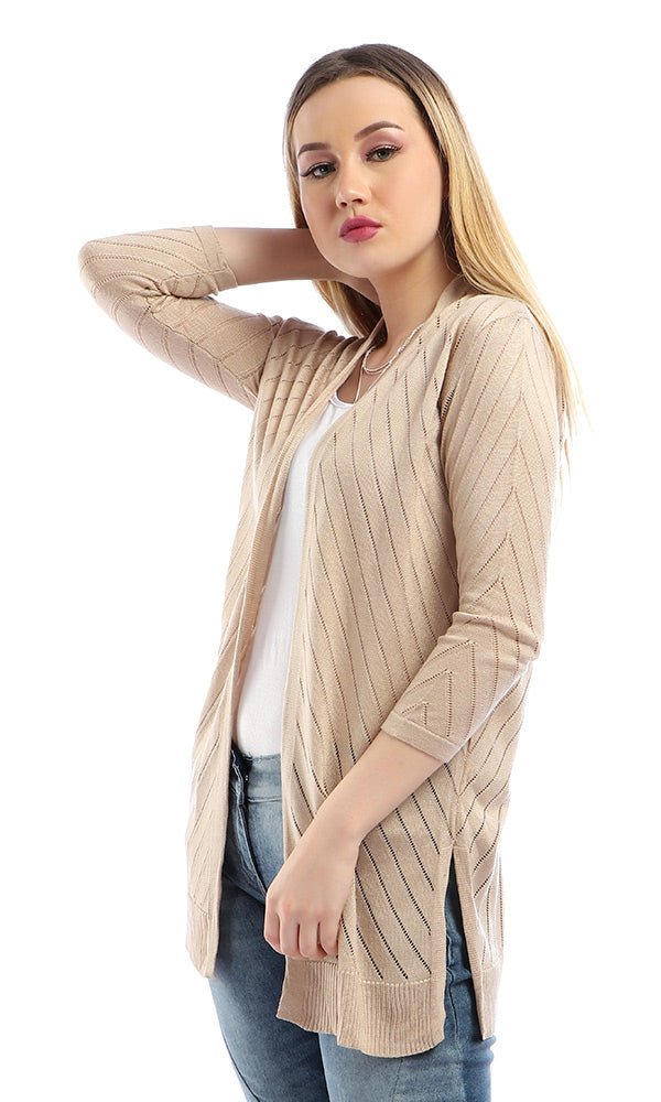 54053 Perforated Long Sleeves Open Neckline Cardigan - Dark Beige