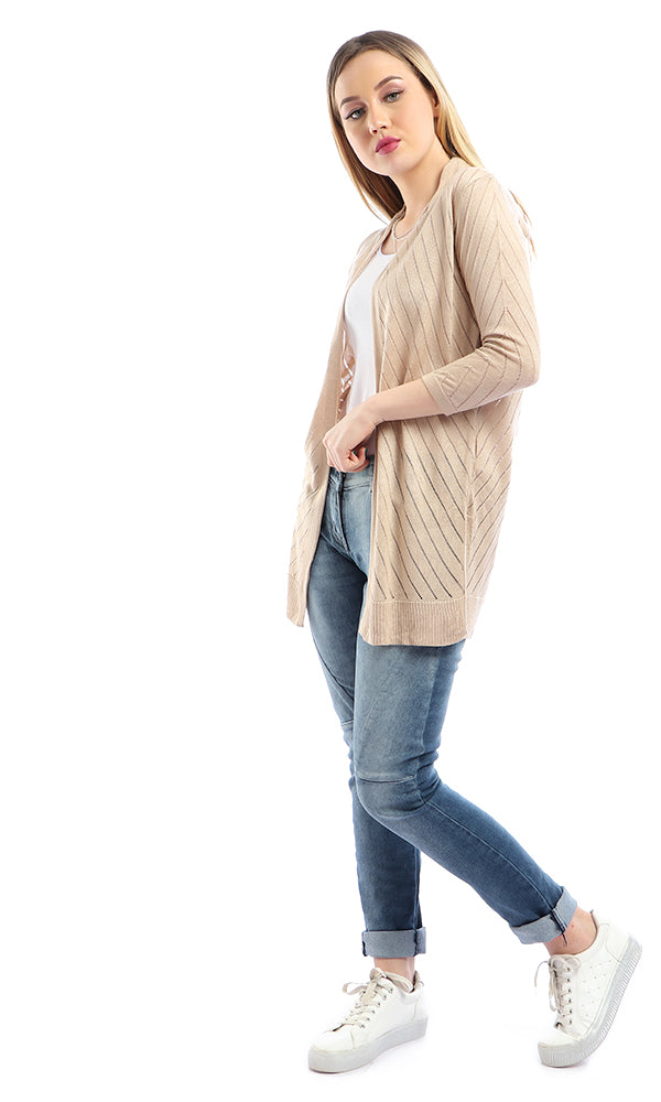 54053 Perforated Long Sleeves Open Neckline Cardigan - Dark Beige