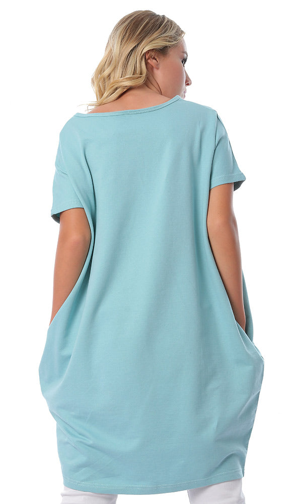 54140 Front Print Dark Aqua Short Sleeves Long T-shirt