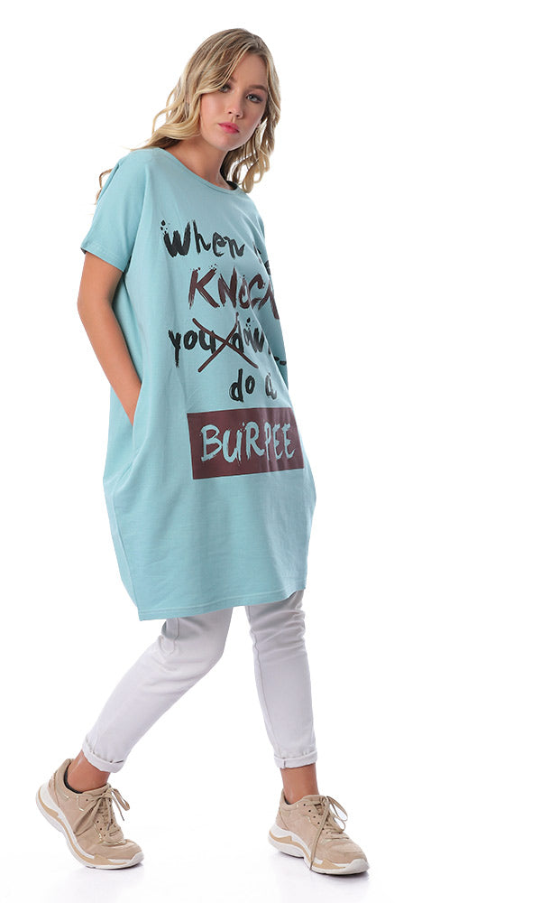 54140 Front Print Dark Aqua Short Sleeves Long T-shirt