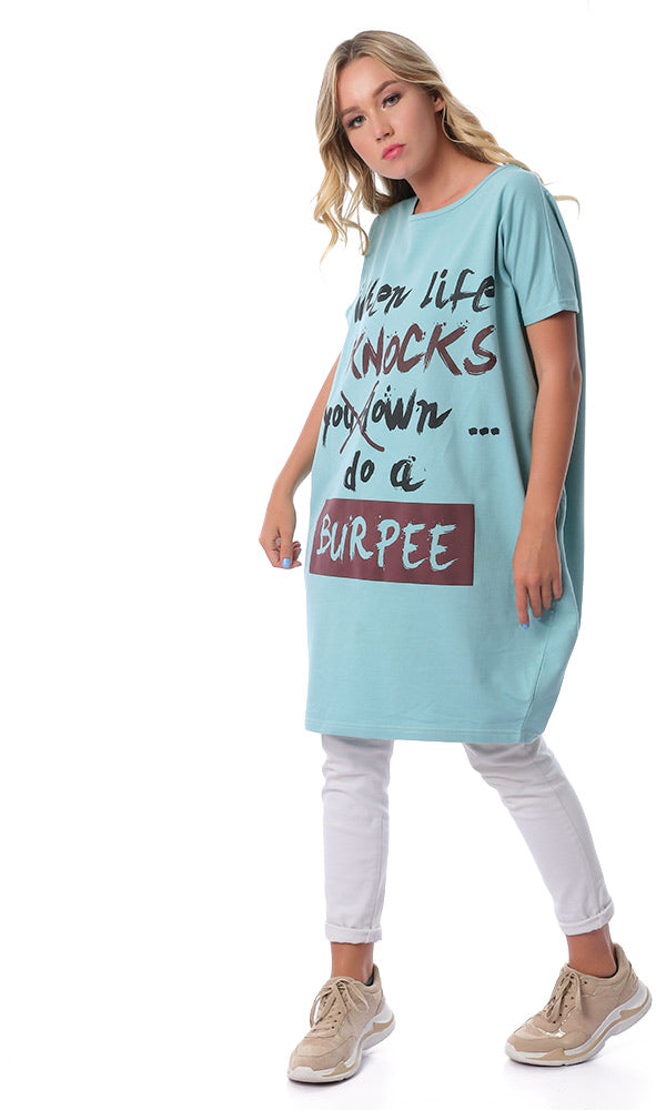 54140 Front Print Dark Aqua Short Sleeves Long T-shirt