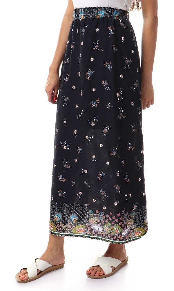 54190 Flowers With Two Pockets Printed Navy Blue Skirt - Ravin 