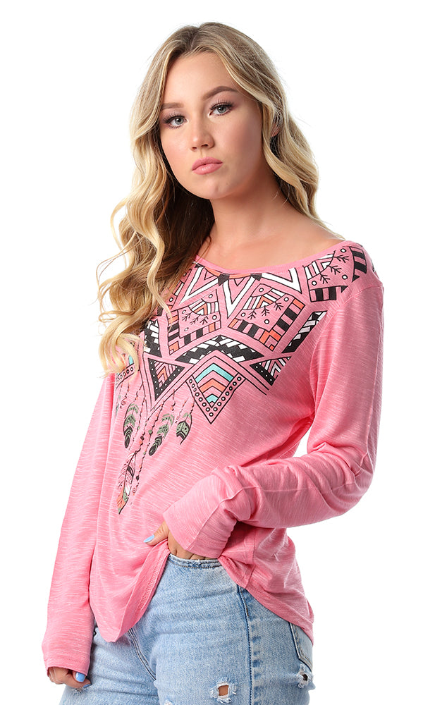 54198 New Print Crew Neck Long Sleeves Coral Top