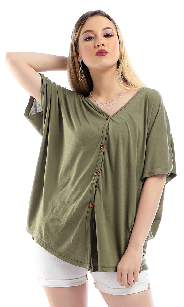 54231 Solid Short Sleeves Loose Olive Cardigan