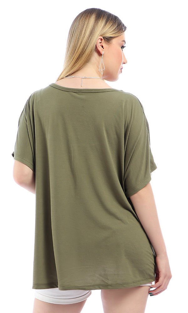 54231 Solid Short Sleeves Loose Olive Cardigan