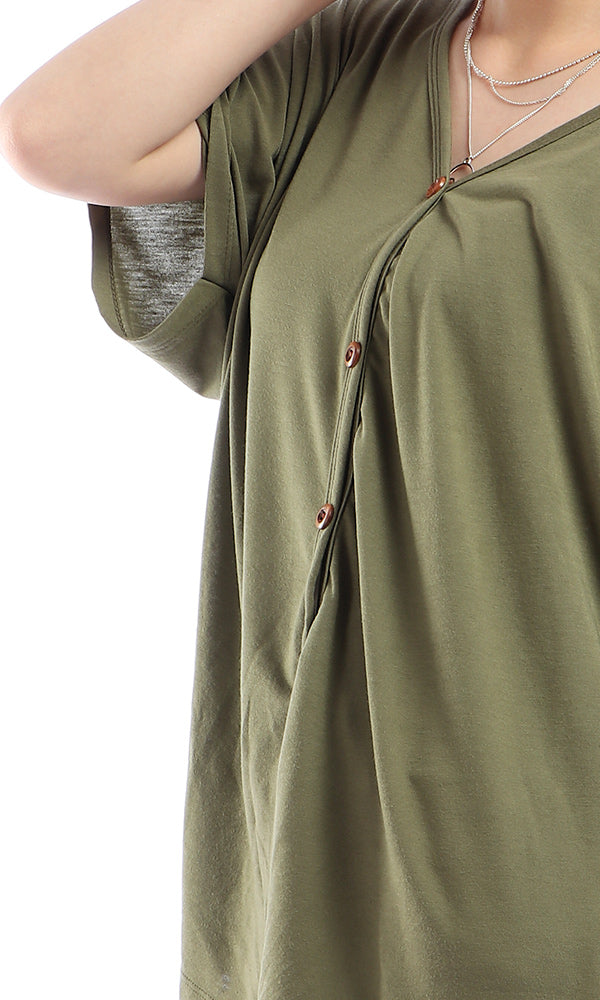 54231 Solid Short Sleeves Loose Olive Cardigan