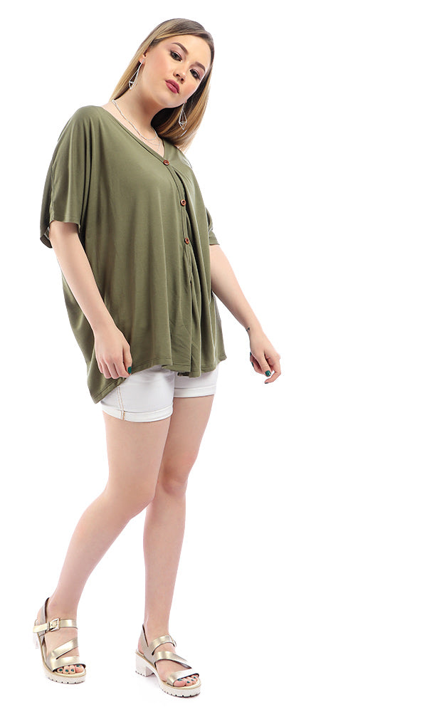 54231 Solid Short Sleeves Loose Olive Cardigan