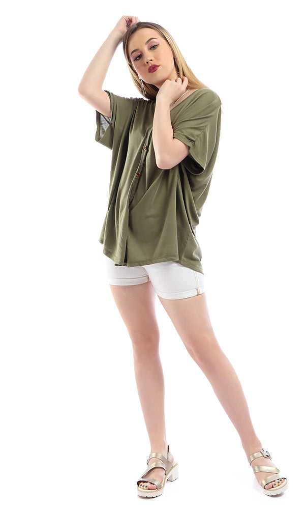 54231 Solid Short Sleeves Loose Olive Cardigan