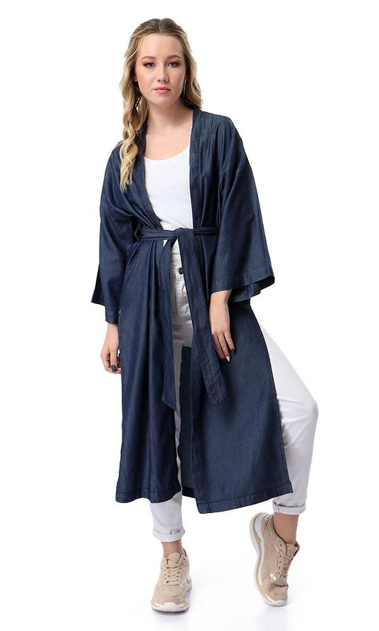 54232 Loose Albow Sleeves Cardigan With Slits - Dark Blue Jeans - Ravin 