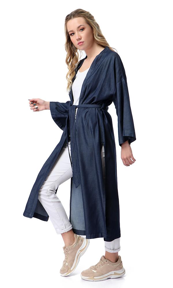 54232 Loose Albow Sleeves Cardigan With Slits - Dark Blue Jeans - Ravin 