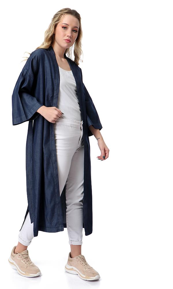 54232 Loose Albow Sleeves Cardigan With Slits - Dark Blue Jeans - Ravin 