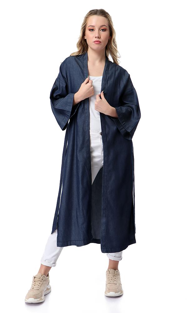 54232 Loose Albow Sleeves Cardigan With Slits - Dark Blue Jeans - Ravin 