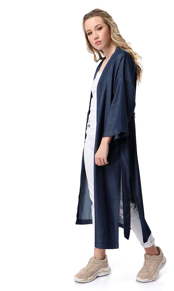 54232 Loose Albow Sleeves Cardigan With Slits - Dark Blue Jeans - Ravin 