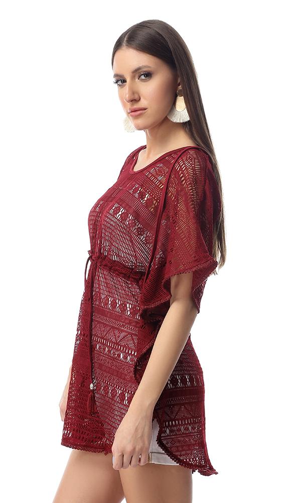 54340 Perforated Burgundy Long Top With Drawstring Waist - Ravin 