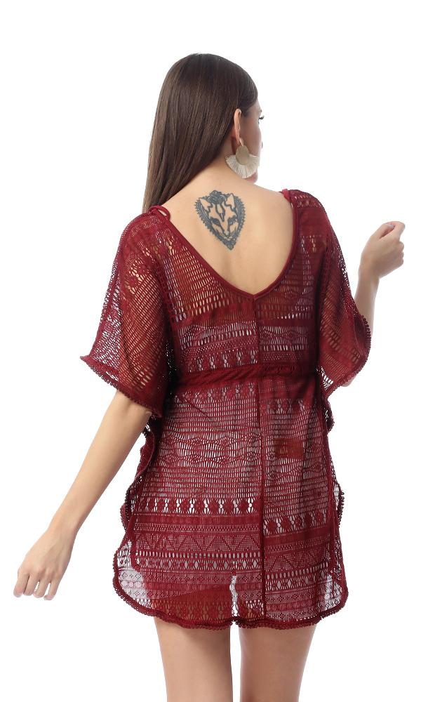 54340 Perforated Burgundy Long Top With Drawstring Waist - Ravin 