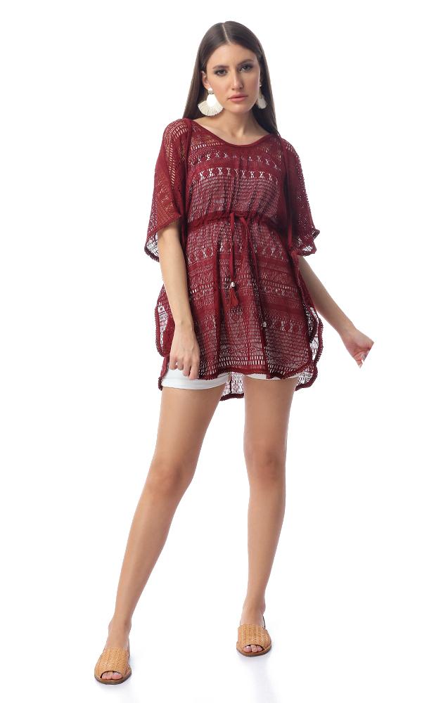 54340 Perforated Burgundy Long Top With Drawstring Waist - Ravin 