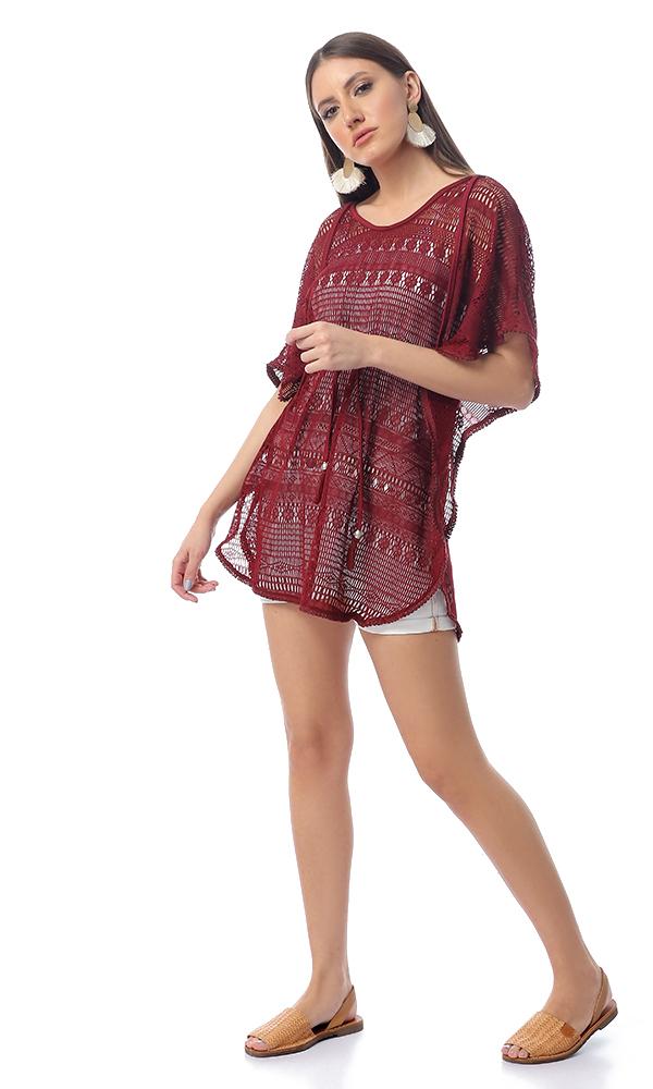 54340 Perforated Burgundy Long Top With Drawstring Waist - Ravin 