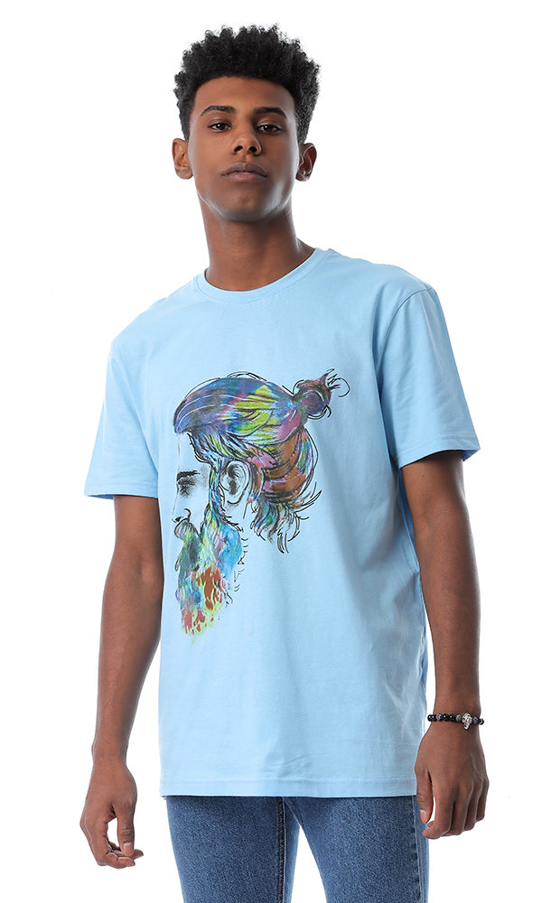 54374 Colorful Profile Face Print Baby Blue T-shirt