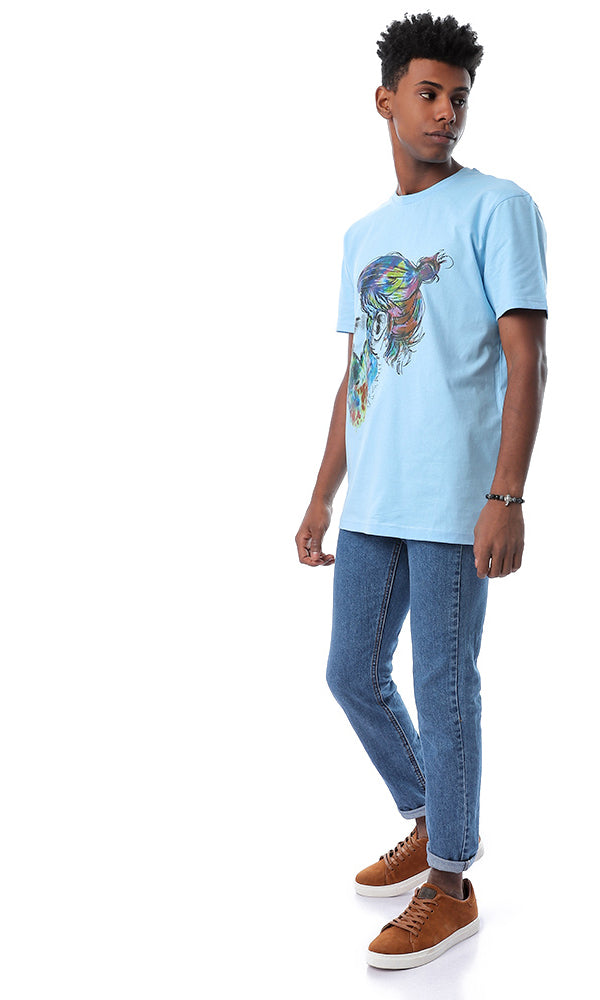 54374 Colorful Profile Face Print Baby Blue T-shirt