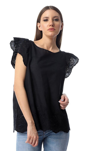 54386 Perforated Floral Cap Sleeves Solid Black Top - Ravin 