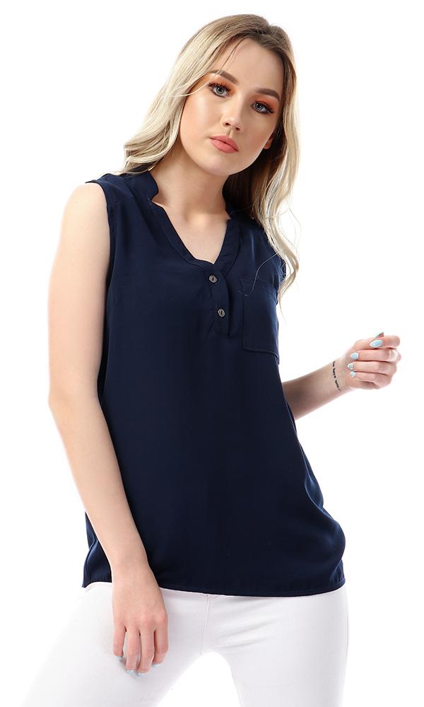 54407 Simple Mandarin Collar Solid Navy Blue Top - Ravin 